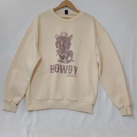 Shein Howdy Dachshund Crewneck Sweatshirt XL Beige Puppy Dog Cowboy - Picture 10 of 10